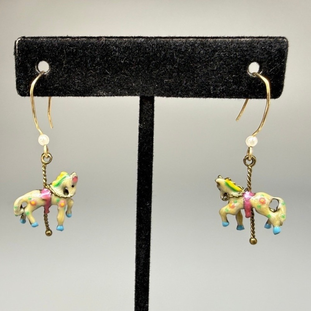 Vintage Enameled Carousel Horse Pierced Earrings Gold Tone Whimsical MCM